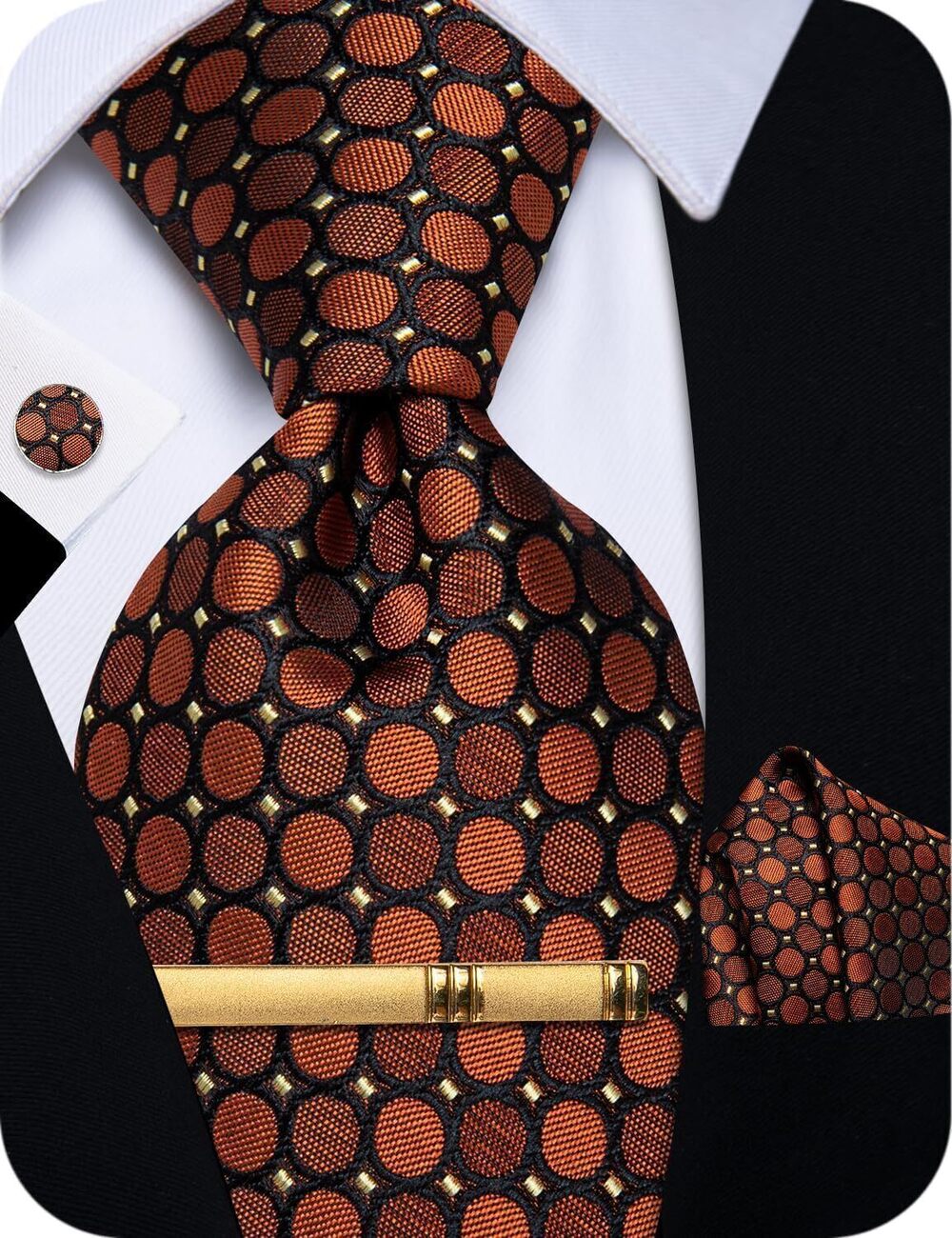 6529 Burnt Orange Ties Woven Silk Tie and Pocket Square Cufflinks Tie Clip